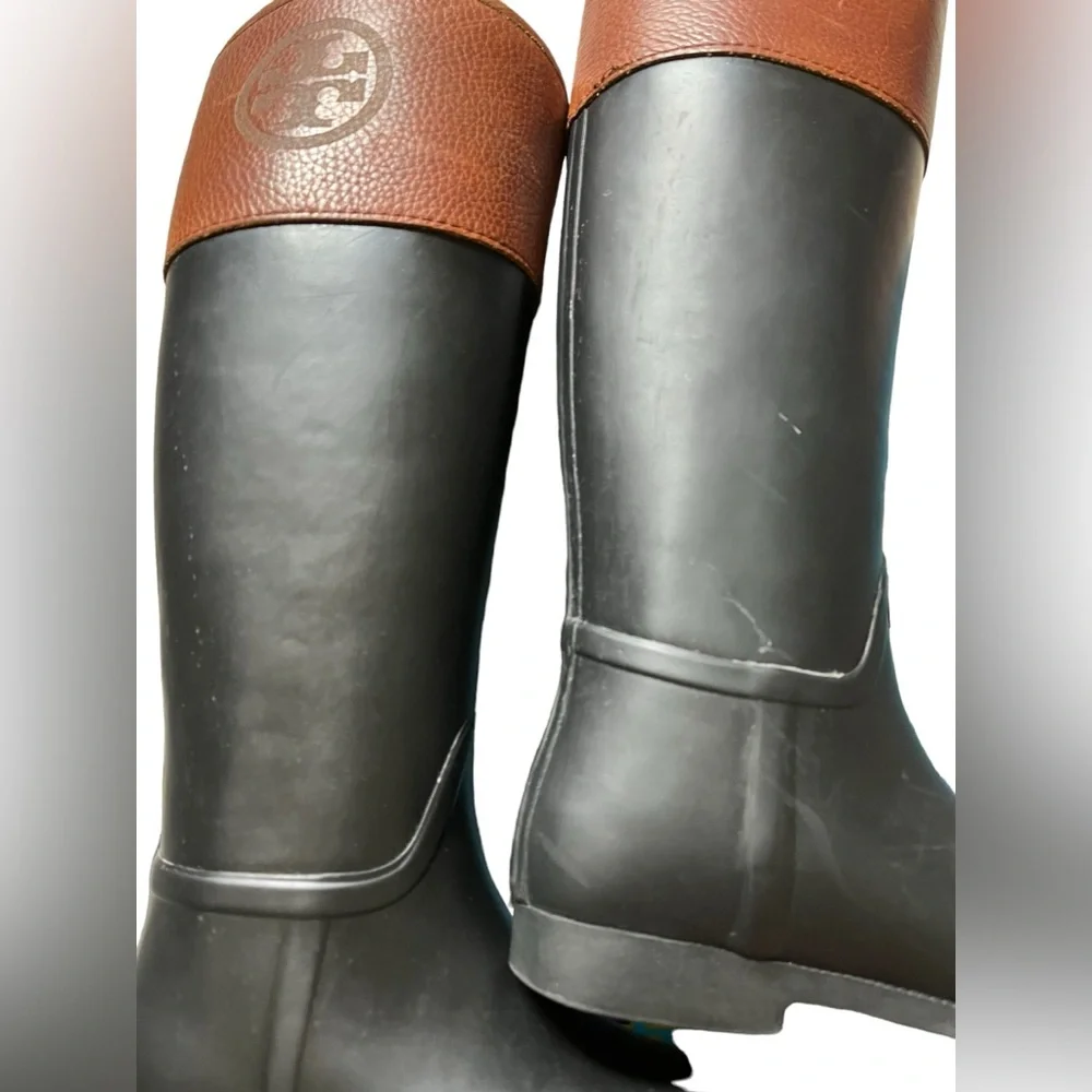 Tory Burch Diana Rubber Riding Boot Women's 8‎ 2 Tone Black/Brown With Box READ✅
